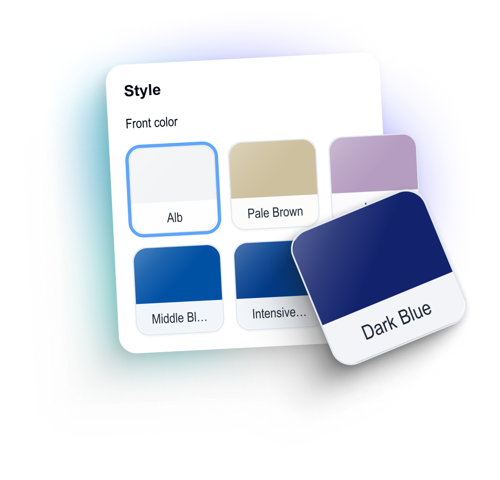 Color style picker showing front color options like Alb, Pale Brown, Middle Blue, Intensive and Dark Blue