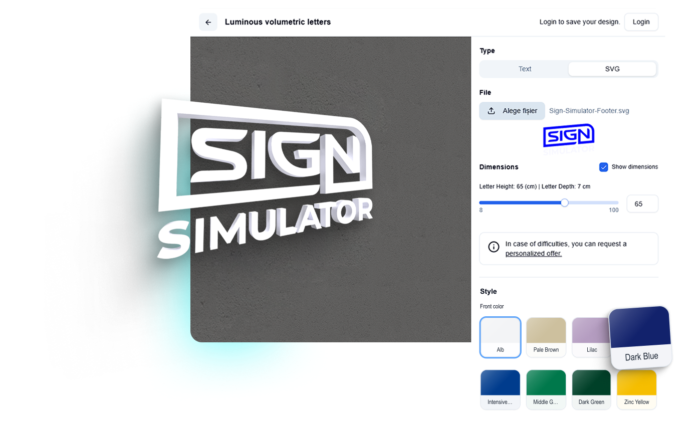Sign Simulator interface - Luminous volumetric letters configurator with 3D preview, dimensions, style and color options